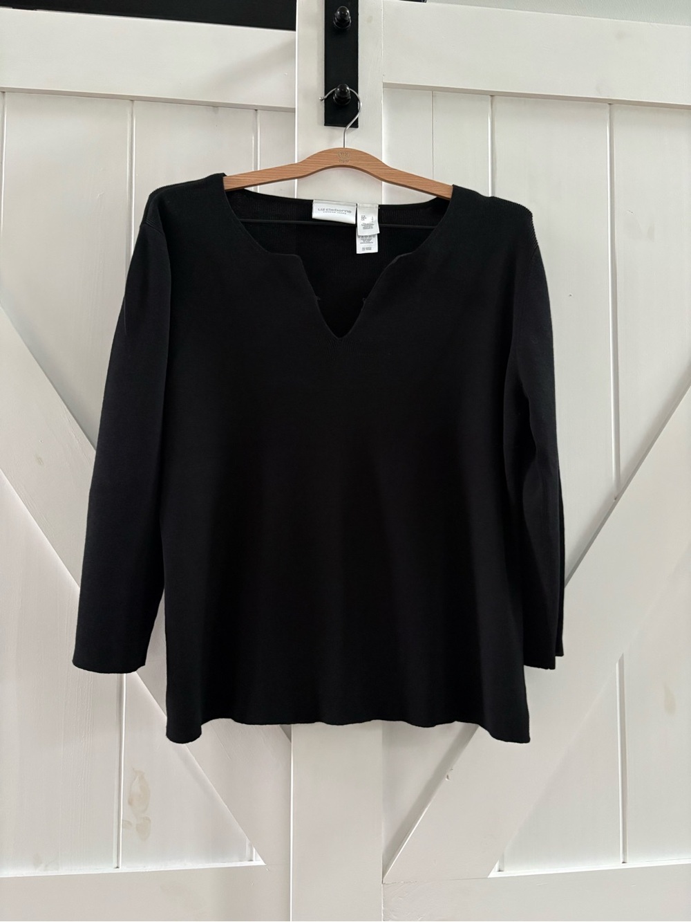 Liz Claiborne Black Split Neck 3/4 Sleeve 100% Cotton Knit Sweater Top
